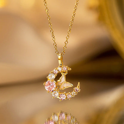 Gold-Plated Butterfly Moon Pendant Necklace with Pink Crystals