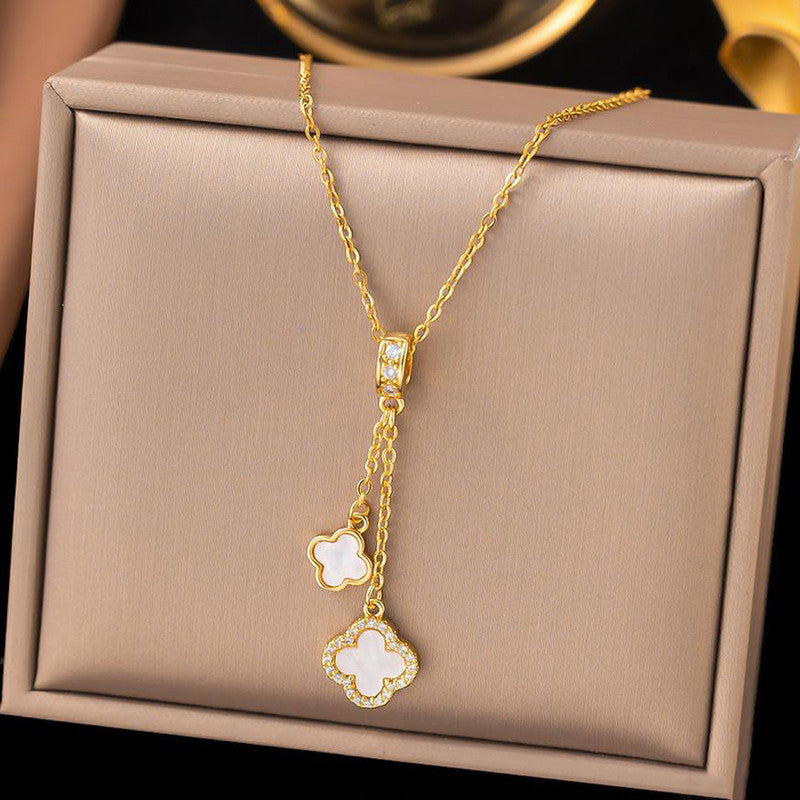 Gold-Plated Clover Drop Pendant Necklace with Mother of Pearl