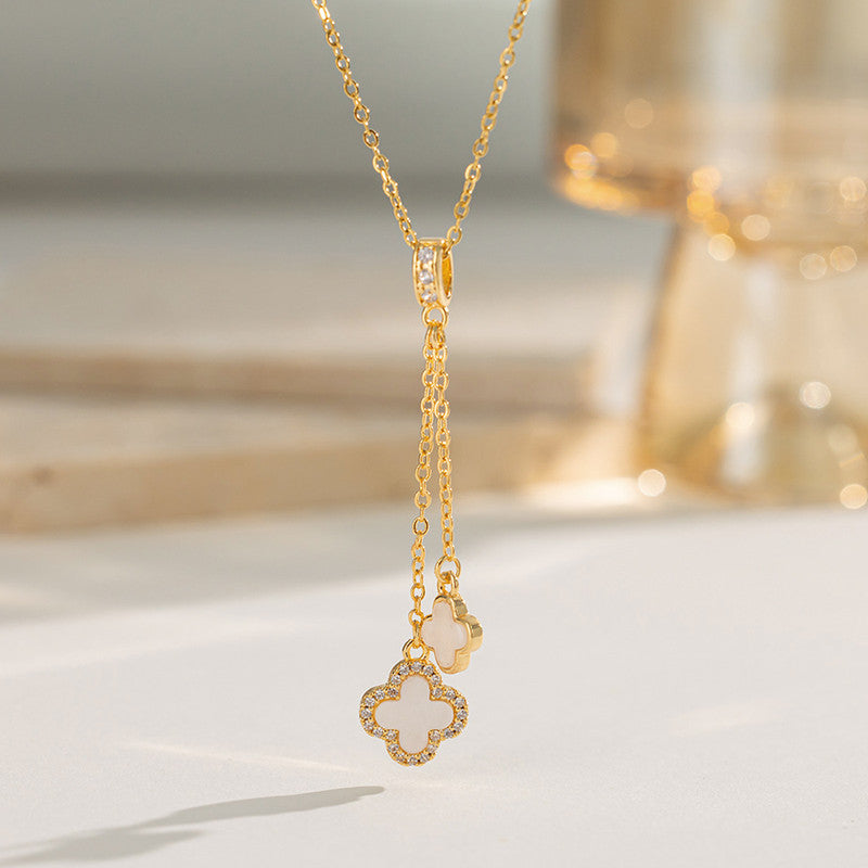 Gold-Plated Clover Drop Pendant Necklace with Mother of Pearl