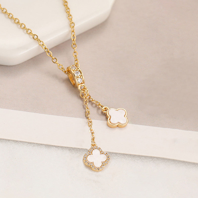 Gold-Plated Clover Drop Pendant Necklace with Mother of Pearl