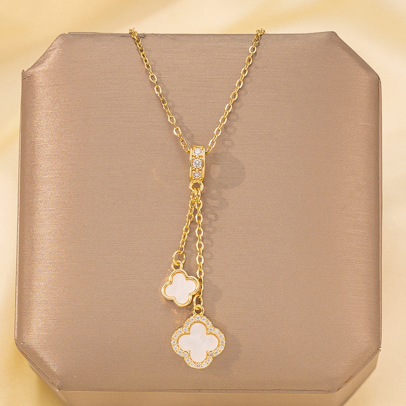 Gold-Plated Clover Drop Pendant Necklace with Mother of Pearl