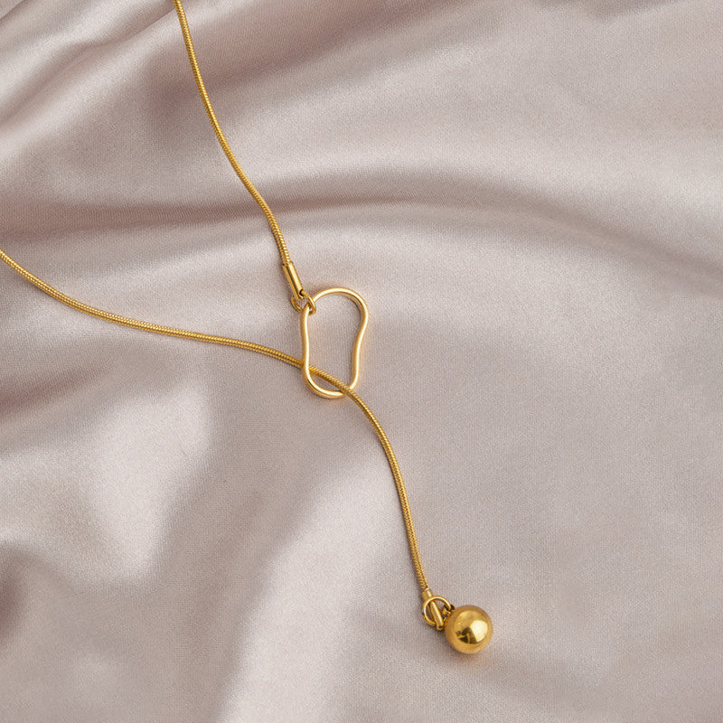 Gold-Plated Abstract Heart Lariat Necklace with Drop Ball