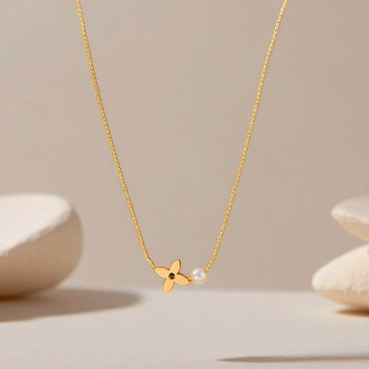 Minimal Gold Flower Necklace with Pearl Detail
