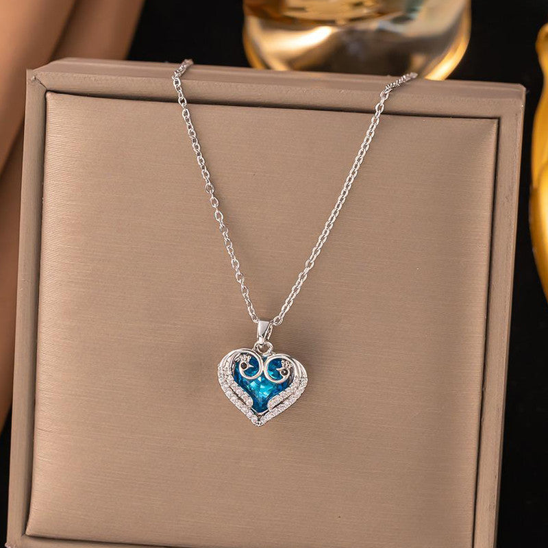 Silver-Plated Blue Crystal Heart Pendant Necklace