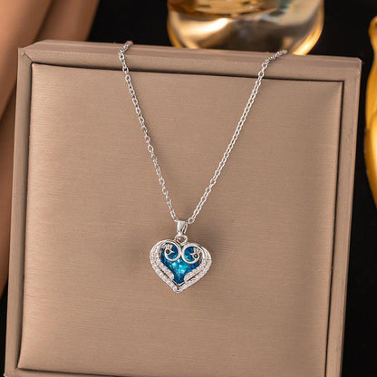 Silver-Plated Blue Crystal Heart Pendant Necklace