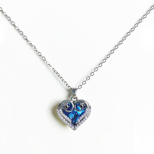 Silver-Plated Blue Crystal Heart Pendant Necklace