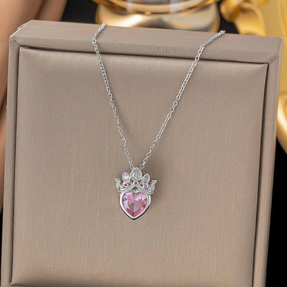 Silver-Plated Crown Heart Pendant Necklace with Pink Crystal