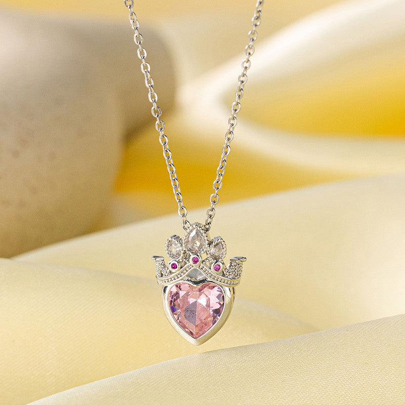 Silver-Plated Crown Heart Pendant Necklace with Pink Crystal