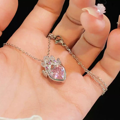 Silver-Plated Crown Heart Pendant Necklace with Pink Crystal
