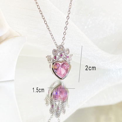 Silver-Plated Crown Heart Pendant Necklace with Pink Crystal