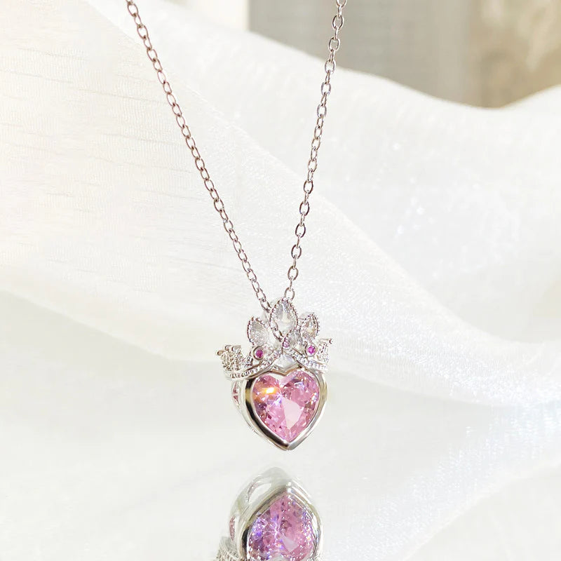 Silver-Plated Crown Heart Pendant Necklace with Pink Crystal