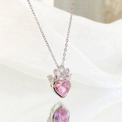 Silver-Plated Crown Heart Pendant Necklace with Pink Crystal
