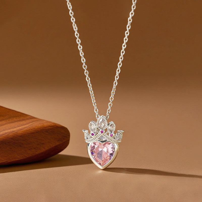 Silver-Plated Crown Heart Pendant Necklace with Pink Crystal