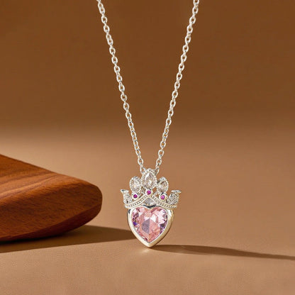 Silver-Plated Crown Heart Pendant Necklace with Pink Crystal