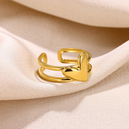 Modern Gold Heart Open Ring with Double Band
