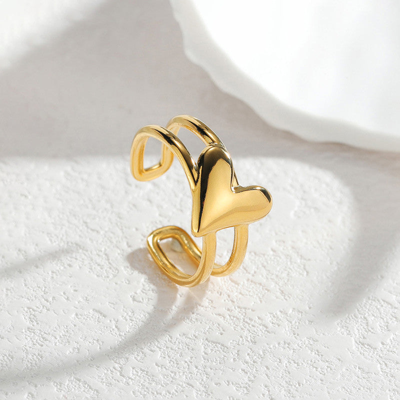 Modern Gold Heart Open Ring with Double Band