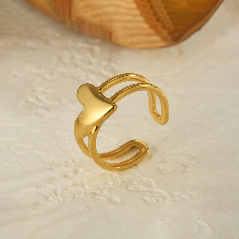 Modern Gold Heart Open Ring with Double Band