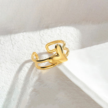 Modern Gold Heart Open Ring with Double Band