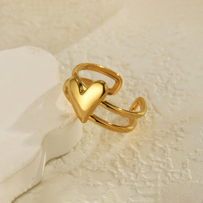 Modern Gold Heart Open Ring with Double Band