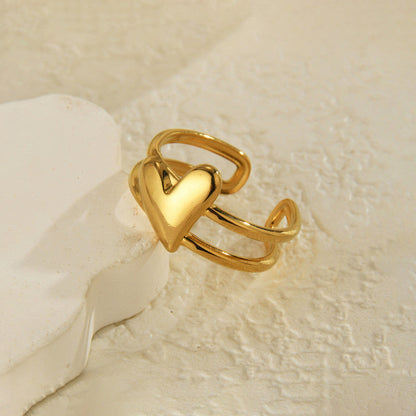 Modern Gold Heart Open Ring with Double Band