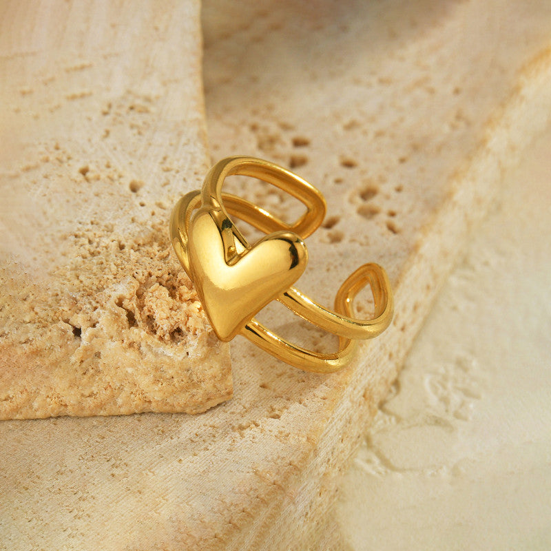 Modern Gold Heart Open Ring with Double Band