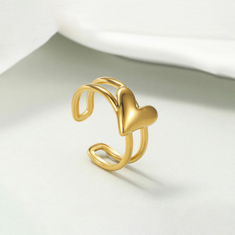 Modern Gold Heart Open Ring with Double Band
