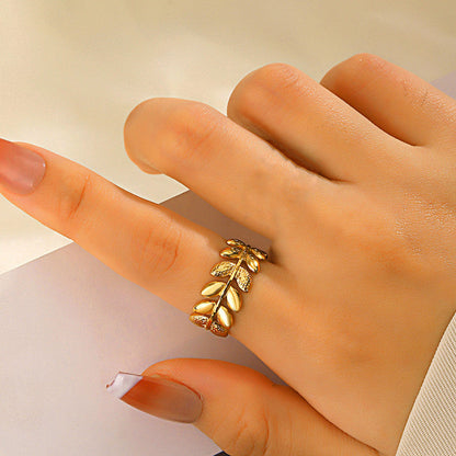 Gold-Plated Leaf Wrap Ring with Crystal Accent