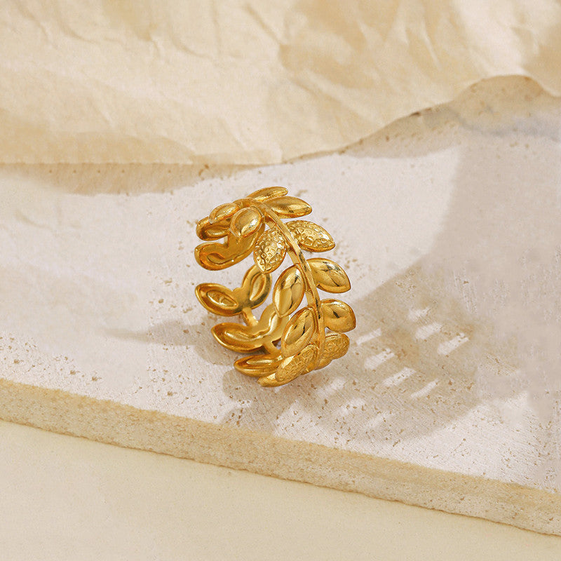 Gold-Plated Leaf Wrap Ring with Crystal Accent