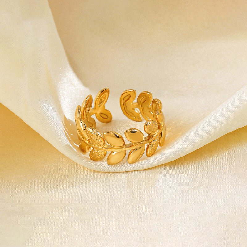 Gold-Plated Leaf Wrap Ring with Crystal Accent