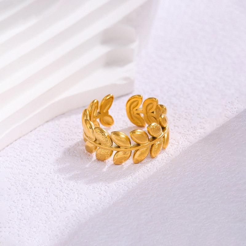 Gold-Plated Leaf Wrap Ring with Crystal Accent