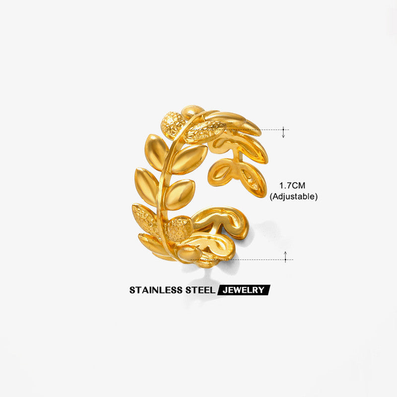 Gold-Plated Leaf Wrap Ring with Crystal Accent