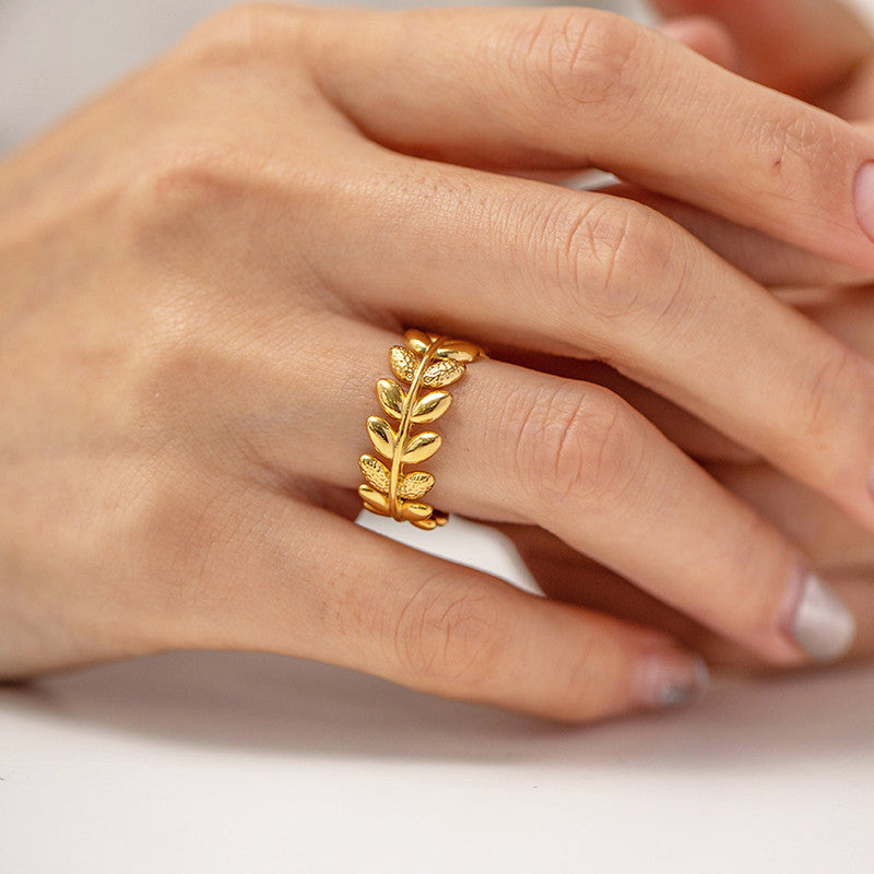 Gold-Plated Leaf Wrap Ring with Crystal Accent