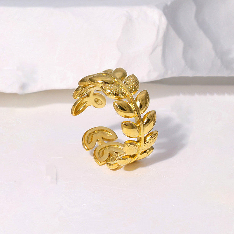 Gold-Plated Leaf Wrap Ring with Crystal Accent