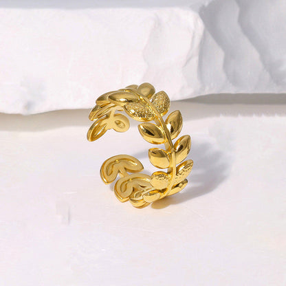 Gold-Plated Leaf Wrap Ring with Crystal Accent