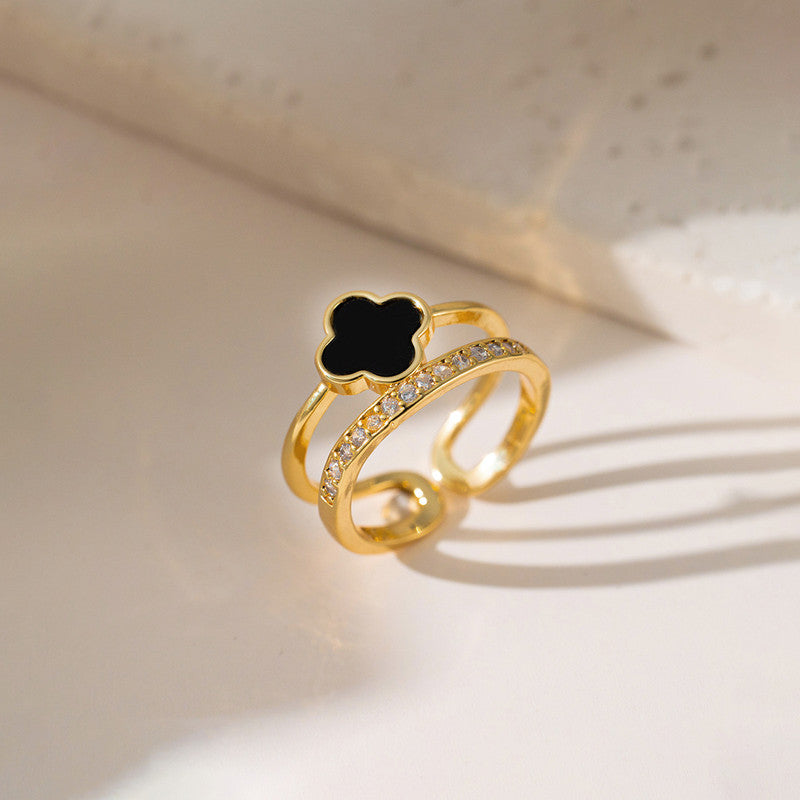 Gold-Plated Clover Black Stone Ring with Crystal Band
