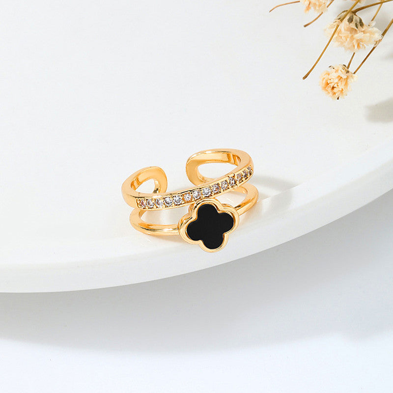 Gold-Plated Clover Black Stone Ring with Crystal Band