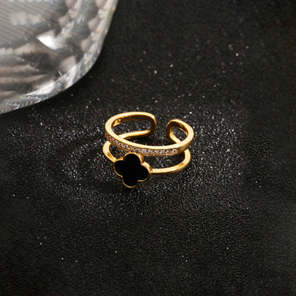 Gold-Plated Clover Black Stone Ring with Crystal Band