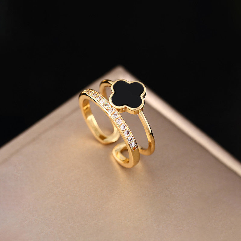 Gold-Plated Clover Black Stone Ring with Crystal Band
