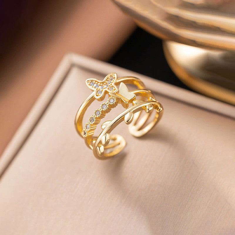 Gold-Plated Butterfly Multi-Layer Adjustable Ring with Crystal Detail