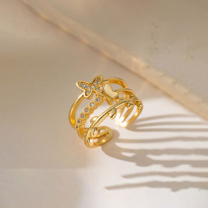Gold-Plated Butterfly Multi-Layer Adjustable Ring with Crystal Detail