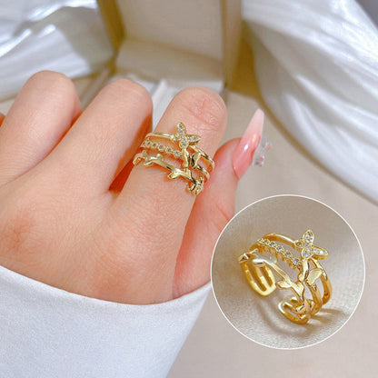 Gold-Plated Butterfly Multi-Layer Adjustable Ring with Crystal Detail