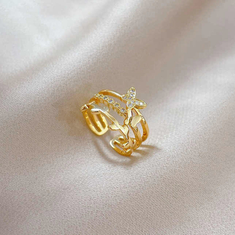 Gold-Plated Butterfly Multi-Layer Adjustable Ring with Crystal Detail