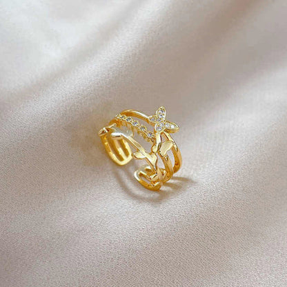 Gold-Plated Butterfly Multi-Layer Adjustable Ring with Crystal Detail