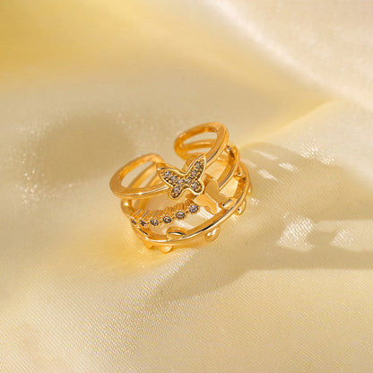 Gold-Plated Butterfly Multi-Layer Adjustable Ring with Crystal Detail