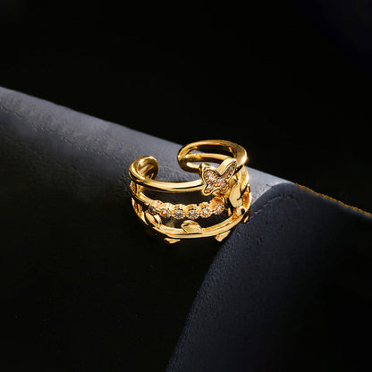 Gold-Plated Butterfly Multi-Layer Adjustable Ring with Crystal Detail