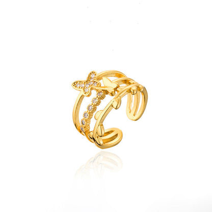 Gold-Plated Butterfly Multi-Layer Adjustable Ring with Crystal Detail