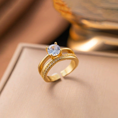Gold-Plated Solitaire Crystal Ring with Double Band