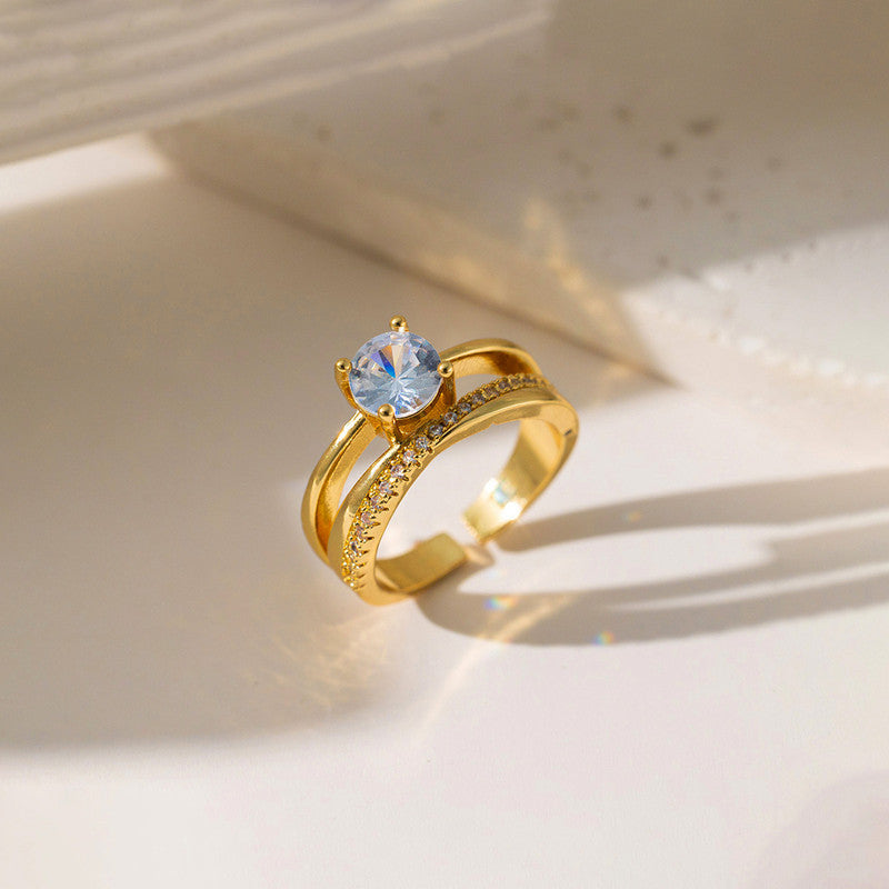 Gold-Plated Solitaire Crystal Ring with Double Band