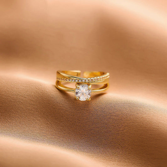 Gold-Plated Solitaire Crystal Ring with Double Band