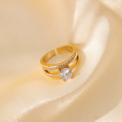 Gold-Plated Solitaire Crystal Ring with Double Band
